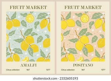 Conjunto de afiches retro abstractos del mercado de la fruta. Muros contemporáneos de moda con diseño de limón en tonos pastel. Decoración moderna e ingenua y divertida, cuadros. Ilustración de vectores