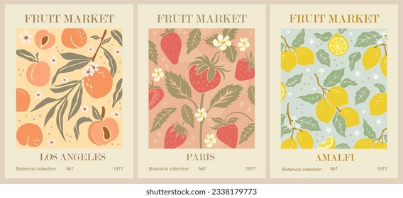 Set of Abstract Fruit Market retro posters. Trendy contemporary wall arts with fruit design in danish pastel colors. Modern naive groovy funky interior decorations, paintings. Vector illustrations