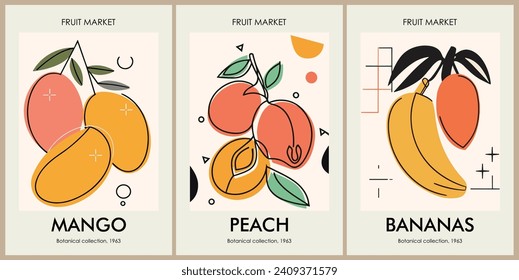 Set of abstract Fruit Market retro posters vector.