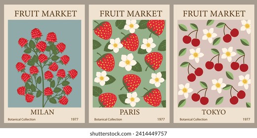 Set of abstract Fruit Market retro posters. Trendy  gallery wall art with cherry, strawberry, raspberry fruits. Modern naive groovy funky interior decorations, paintings. Vector art illustration. 