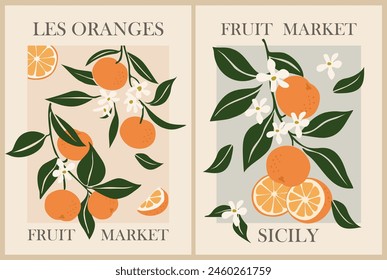 Set von Abstrakten Retro-Postern auf dem Obstmarkt. Trendige zeitgenössische Wandkunst mit orangefarbenem Zitrusfrucht-Design und französischem Text Orangen. Moderne naive groovige Innendekorationen, Vektorgrafik-Gemälde. 