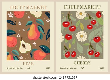 Set of Abstract Fruit Market retro posters. Trendy contemporary wall arts with fruit design in danish pastel colors. Modern naive groovy funky interior decorations, paintings. Vector illustrations.