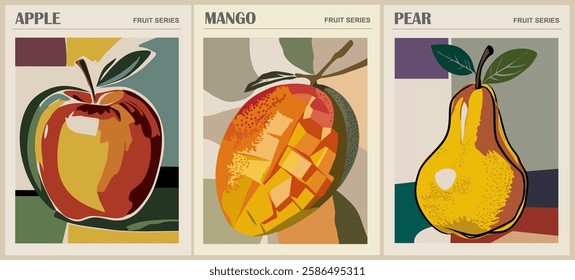 Set of Abstract Fruit Market retro posters. Trendy contemporary wall arts with apple, pear, mango fruit design. Modern naive groovy interior decorations, vector art paintings. 