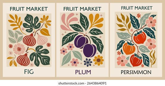Conjunto de pôsteres retro do Mercado de Frutas Abstrato. Na moda artes de parede contemporâneas com figo, ameixa, design de frutas de caquis. Modernas e ingênuas decorações interiores groovy, pinturas de arte vetorial.