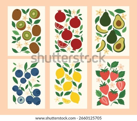 Set of abstract fruit poster. Contemporary art print with hand drawn kiwi, pomegranate, avocado, lemon, blueberry, strawberry. Trendy design for wall decor, postcard, cover, packaging, t shirt.