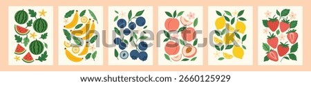 Set of abstract fruit poster. Contemporary art print with hand drawn Strawberry, lemon, peach, blueberry, banana, watermelon. Trendy design for wall decor, postcard, cover, packaging, t shirt.