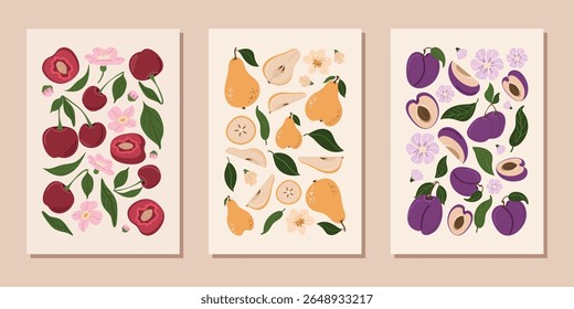 A set of abstract fruit posters. Modern print with hand-drawn cherries, pears and plums. Fashionable design for banners, postcards, covers, packages and more.