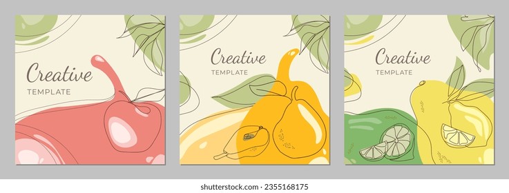 Conjunto de plantillas de fruta abstractas con manzana, pera y limón con lima. Diseño abstracto moderno para etiqueta, portada, tarjeta, decoración interior, publicación en redes sociales, banner.
