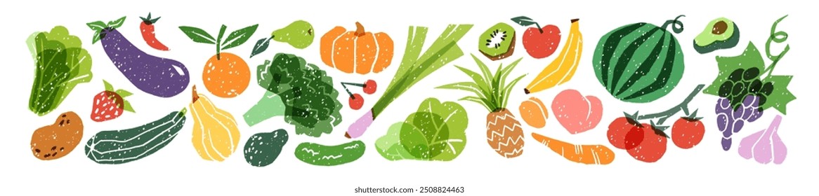 Set of abstract fruit and vegetables. Organic food in doodle style. Different farm products, autumn crop, harvest: pumpkin, apple. Flat isolated hand drawn vector illustrations on white background