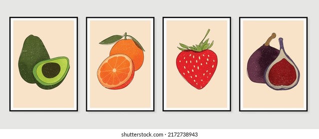 Set of abstract fruit wall art vector. Oranges, avocado, strawberry, leaves, figs with watercolor texture. Line art wall decoration collection design for interior, poster, cover, banner.
