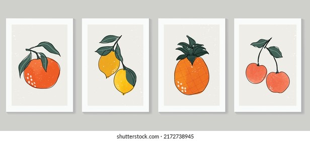 Set of abstract fruit wall art vector. Orange, lemon, pineapple, cherry, leaves with watercolor texture. Line art wall decoration collection design for interior, poster, cover, banner.