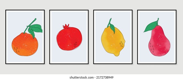 Set of abstract fruit wall art vector. Orange, pomegranate, lemon, pear, leaves with watercolor texture. Line art wall decoration collection design for interior, poster, cover, banner.
