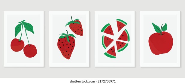 Set of abstract fruit wall art vector. Watermelon, strawberry, cherry, apple, leaves with watercolor texture. Red fruits wall decoration collection design for interior, poster, cover, banner.