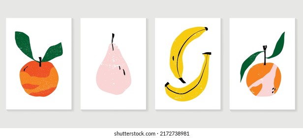 Set of abstract fruit wall art vector. Pear, apple, bananas, leaves, orange with watercolor texture. Line art wall decoration collection design for interior, poster, cover, banner.