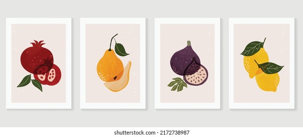 Set of abstract fruit wall art vector. Pomegranate, pears, figs, lemon, leaves with watercolor texture. Line art wall decoration collection design for interior, poster, cover, banner.