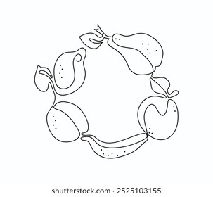 Set of abstract fruits. Frame, border. One line drawings. Food, harvest. Isolated background.