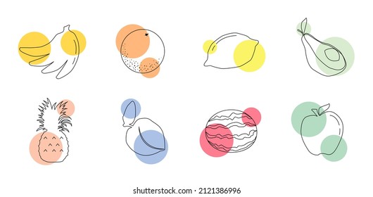 Set of abstract fruits. Icons. Summer juicy fruits. Doodle style. Drawings with a black outline on colored spots. Vector graphics. Isolated background. Good for banner, poster, card, wallpaper