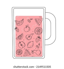 Set of abstract fruits in a mug. Line art style. Doodle drawings with colored spots. Vector illustration.