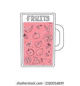 Set of abstract fruits in a mug. Line art style. Doodle drawings with colored spots. Vector illustration.