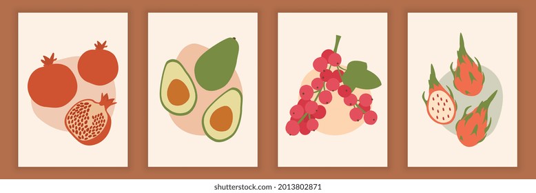 Set of abstract fruits in pastel colors poster. Collection of contemporary art. Abstract paper cut elements, fruits and berries for postcards, prints. Flat cartoon vector illustration