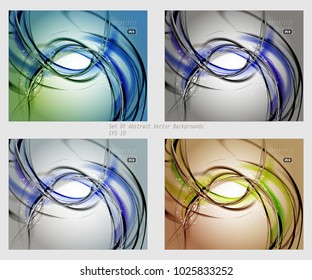 Set of abstract futuristic backgrounds. Expressive contrast dynamic vector frame with glowing fibers.