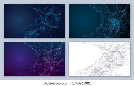 Set of abstract futuristic backgrounds from lines, dots, shapes and glowing particles with plexus effect isolated in blue and white. Vector mesh looks like starry sky. Polygonal space color wireframe
