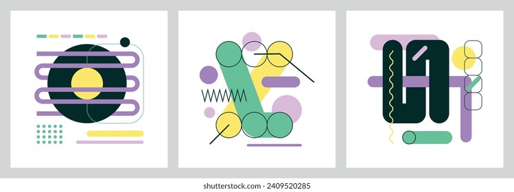 Set of abstract futuristic compositions with flat vector geometric modern elements for print or web