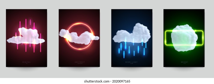 Set abstract futuristic design composition with realistic cloud and neon glowing shape. Modern fashion background for flyer, banner, cover. Creative vector illustration.