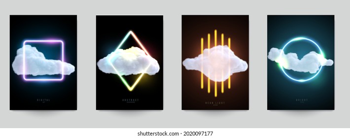 Set abstract futuristic design composition with realistic cloud and neon glowing shape. Modern fashion background for flyer, banner, cover. Creative vector illustration.