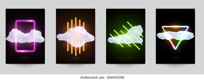 Set abstract futuristic design composition with realistic cloud and neon glowing shape. Modern fashion background for flyer, banner, cover. Creative vector illustration.