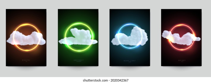 Set abstract futuristic design composition with realistic cloud and neon glowing shape. Modern fashion background for flyer, banner, cover. Creative vector illustration.