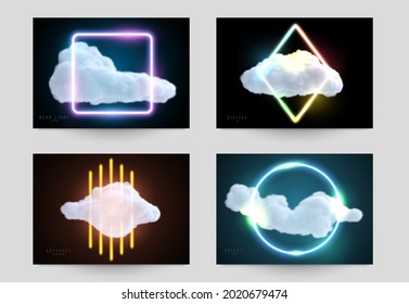 Set abstract futuristic design composition with realistic cloud and neon glowing shape. Modern fashion background for flyer, banner, cover. Creative vector illustration.