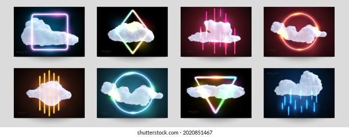 Set abstract futuristic design composition with realistic cloud and neon glowing shape. Modern fashion background for flyer, banner, cover. Creative vector illustration.