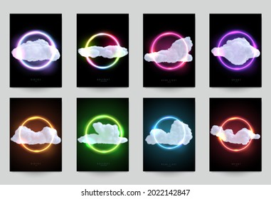 Establezca la composición abstracta del diseño futurista con una forma realista de nubes y neón brillante. Fondo moderno de moda para volantes, banner, portada. Ilustración vectorial creativa.