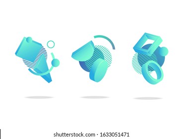 Set of abstract futuristic dynamic badges, icons or blend shapes in trendy neo mint, aqua menthe and blue colors in no gravity style