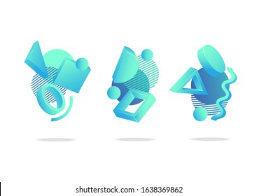 Set of abstract futuristic dynamic badges, icons or blend shapes in trendy neo mint, aqua menthe and blue colors in no gravity style