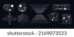 Set of abstract futuristic geometric shapes with lines. Retro set space shapes in form grid.