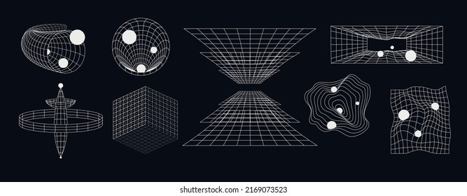 Set of abstract futuristic geometric shapes with lines. Retro set space shapes in form grid.