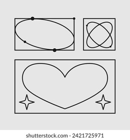 Set of abstract futuristic geometric shapes. Cyberpunk brutalism design. Heart with stars. Vector outline illustration