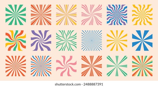 Set of abstract futuristic geometric shapes, rays of sun, stars in trendy groovy, Y2K, pop art style, vintage. Retro colored isolated on white background elements. Flat Vector Illustration EPS10.
