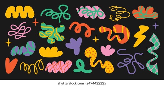 Set of Abstract futuristic geometric shapes, frame, swirl, label sticker elements with swirl texture in trendy retro Groovy, Y2K style, Vintage. Colored isolated on black backgroundFlat Vector EPS10