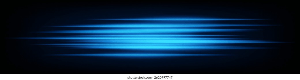 Conjunto de líneas de velocidad de neón azul Horizontal futurista abstracto que brillan dinámicamente sobre fondo oscuro. Ideal para efectos digitales, proyectos tecnológicos, diseño de interfaz de usuario. Ilustración vectorial EPS.