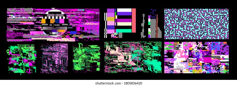 Set of abstract futuristic pixelated elements, glitched textures and patterns. Computer screen error with digital noise.