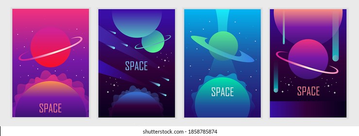 Set of abstract futuristic space backgrounds. Template for banner, poster, flyer, brochure, cover, card. Gradient, planets and stars. Vector illustration.