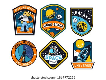 Set of abstract and futuristic space badges, patches, emblems, and labels. Vector illustration