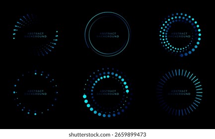Conjunto de elementos tecnológicos abstratos futuristas redondos a partir de linhas e pontos em cor neon em um fundo escuro com espaço de cópia. Ilustração vetorial.