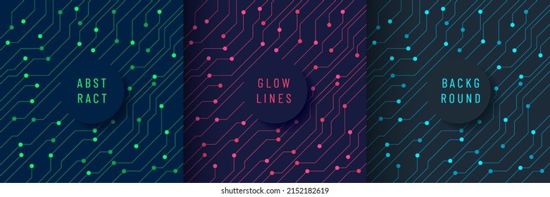 Set of abstract futuristic technology background curved glowing light lines and dots connect with copy space. Simple and minimal blue, green, red and blue in flat circuit lines pattern vector design.