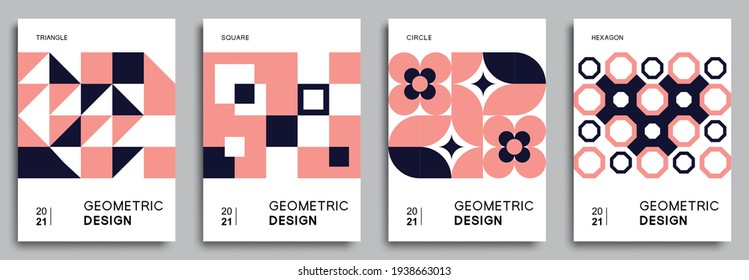Conjunto de geomática abstracta con un diseño de cubierta mínimo de triángulo, cuadrado, círculo y hexágono.