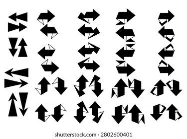 Set of abstract geometric arrow icons with sharp origami and fragmented shapes in bold black style. Modern directional symbols for UI, UX, infographics, and tech design. Clean vector elements perfect for apps, web, and branding projects.