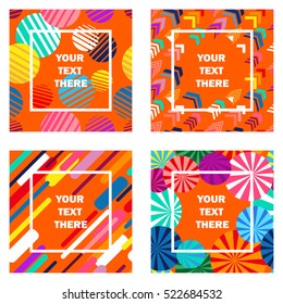 Set of abstract geometric art compositions. Seamless vector backgrounds for flyers, posters, covers, cards and banners. Circles, stripes, arrows. Colorful on orange.